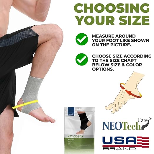 NeoTech Care Ankle Support Sleeve - Open Heel, Light, Elastic & Breathable Knitted Fabric - Medium Compression - For Men, Women, Kids - Right or Left Foot (Gray Color, Size M, 1 Pair)