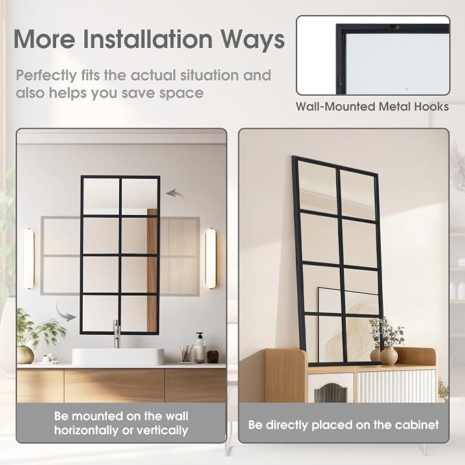 DUMOS Wall Mirror 16" x 32", Rectangle Window Pane Decorative Mirrors, Metal Framed Black Rectangle Wall Mounted Mirror for Bathroom, Bedroom, Entryway, 1 Pack