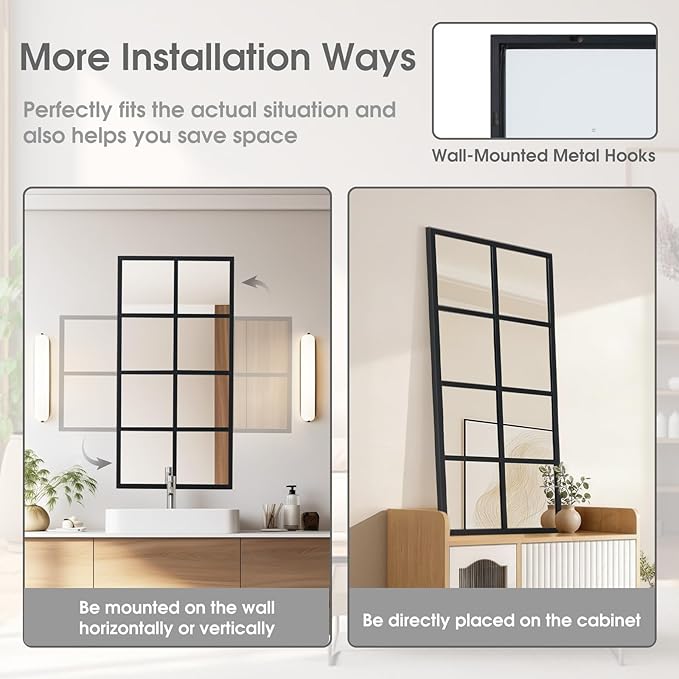 DUMOS Window Pane Wall Mirror, 16x32 Inch Black Framed Mirrors for Wall Decor Living Room, Black Metal Framed Big Square Mirror for Bathroom, Bedroom, Entryway