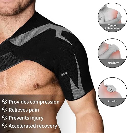 HOUM Rotator Cuff Shoulder Brace with Adjustable Compression Sleeve, Hot/Cold Pack Compatible, Breathable Shoulder Support for Pain Relief, Fits Left/Right Arm, Men & Women (Medium)