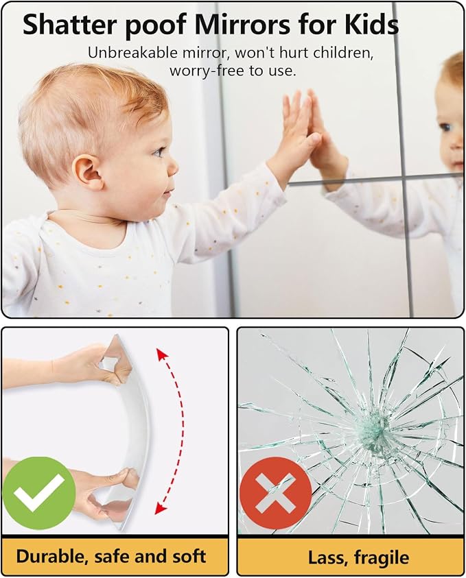 Unbreakable Mirror Tiles, 8PCS 12”x12” Peel and Stick on Mirror for Wall Mirrors Decorative, Toddlers for Kids Bedroom, Plastic Gym Frameless Door Small Adhesive Mirrors for Classroom Decor03