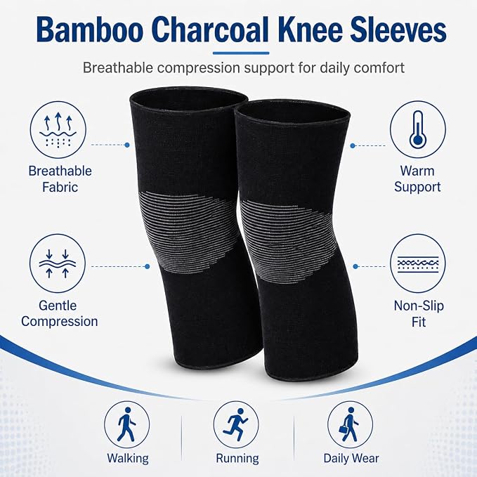 1 Pairs Compress Bamboo Knee Sleeves, Elastic Warm Knee Brace for Joint Support, Running, Walking, Sports, Men and Women