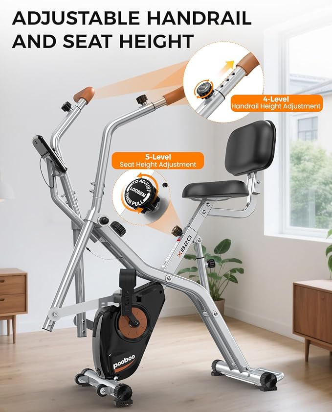 pooboo Folding Exercise Bike, Foldable Upright Stationary Bike, Indoor Cycling Magnetic X-Bike with 8-Level Adjustable Resistance, 6.6 LBS Flywheel, 300LB Capacity, Back Support Cushion for Home Gym