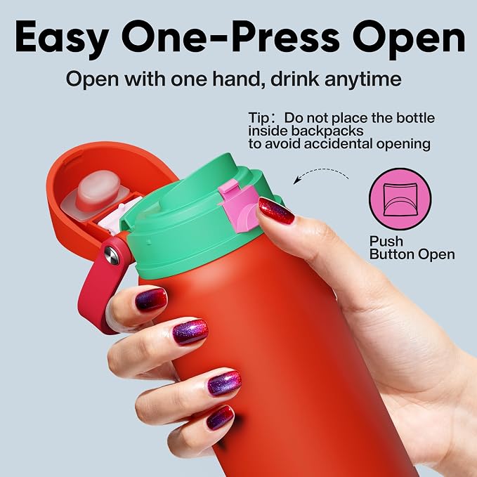 Insulated Water Bottle with Straw - Encool Stainless Steel Water Bottle with Push Button Lid, Leak-Proof & BPA-Free, Keeps Cold for 24 Hours for Sports, Travel, Gym (32 oz, Grapefruit Red)