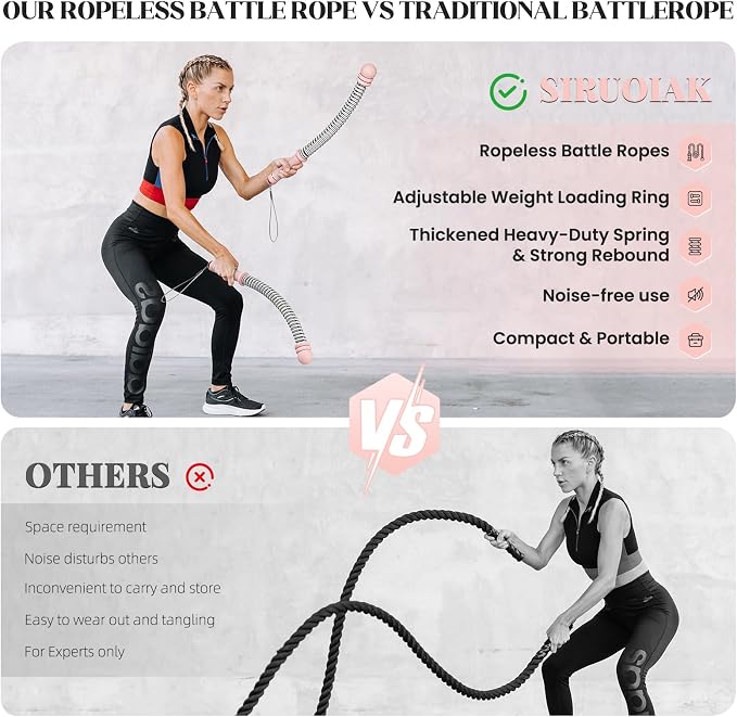 Ropeless Battle Ropes for Home Gym, Portable Cordless Battle Ropes with Variable Resistance for Men & Women Full Body HIIT Cardio & Arm Strength Training Fitness Exercise