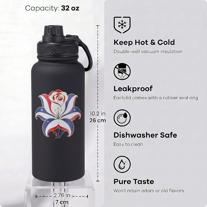 Black Insulated 32 oz Metal Leakproof Water Bottle | 1 Liters Stainless Steel Water Flask, Big Sports Travel Mens Water Bottle for Gym,Hiking,Large Thermal Bottle with 2 Lids