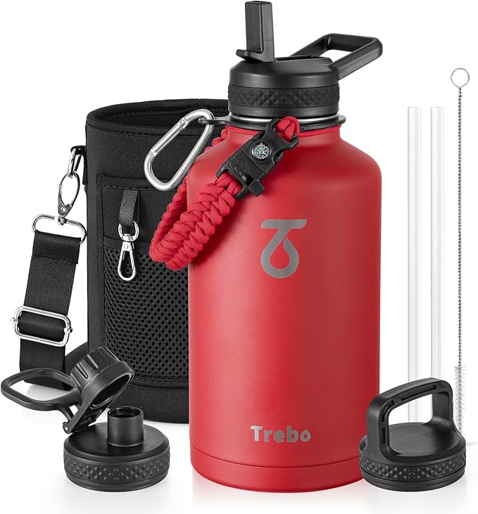 Trebo 64 oz Water Bottle Stainless Steel with 3 Lids, Paracord Handle & Bag | Half Gallon Large Insulated Jug, Triple Wall Vacuum Copper Plated, Dishwasher Safe, Cold 48Hrs for Outdoor, Hiking, Gym