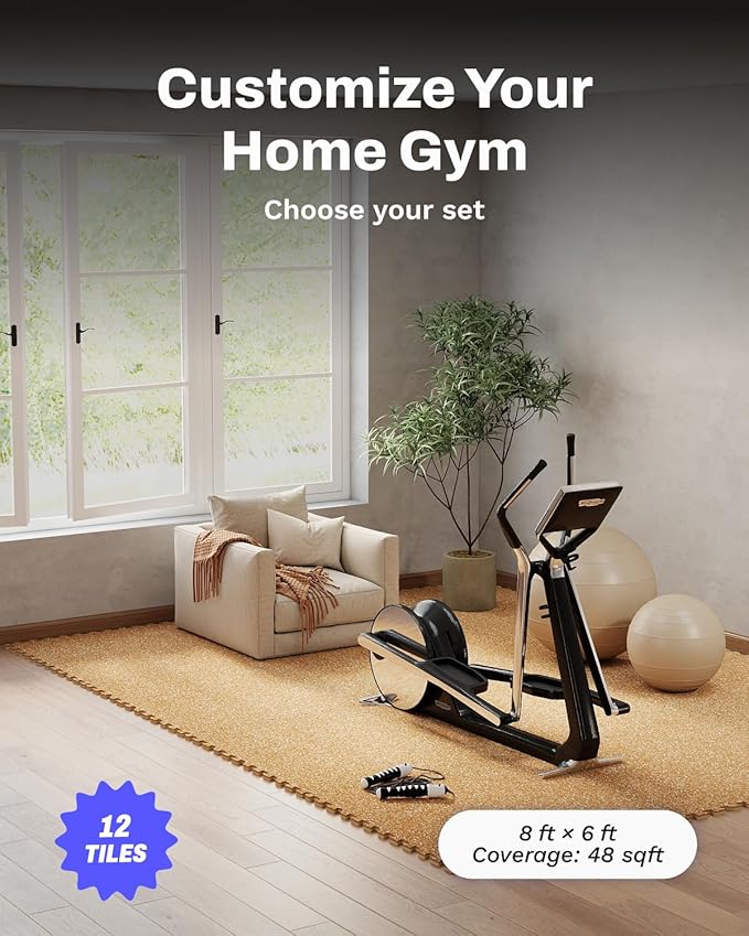 AIRHOP 0.56in Thick 48 Sq Ft Exercise Equipment Mats, 12 Tiles Upgraded Rubber Top with High Density EVA Foam, Large Interlocking Puzzle Gym Flooring for Home Gym, Heavy Weight Workout, 24 x 24in
