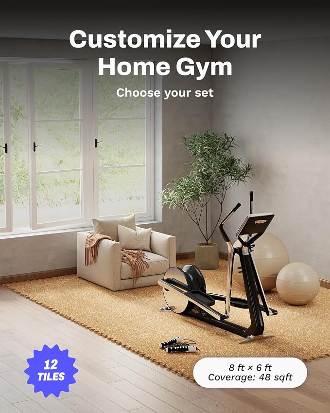 AIRHOP 0.79'' Extra-Thick 48 Sq Ft Rubber Top Gym Flooring for Home Gym | 12 Tiles, High Density EVA Foam, Waterproof & Non-Slip Rubber, Interlocking Puzzle Mats, Heavy Duty Floor Protection, 24"x24"