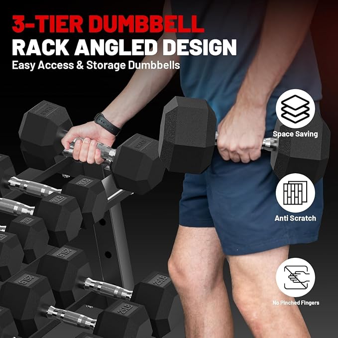 PAPABABE Dumbbell Set with Rack, 540-850lb, Rubber Encased, Home Gym | Complete & Durable Cast Iron Core Odorless PVC Antiroll Hex Shape Ergonomic Chrome Handle Versatile Home Gym