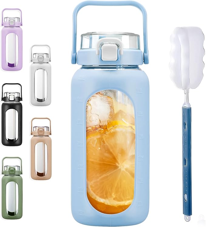 BLUEGO 64oz Glass Water Bottles with Straw Time Marker Half Gallon Large Motivational Water Bottle with Silicone Sleeve 2 Liter Large Glass Water Jug for Gym, Sports& Workout, Daily, Light Blue