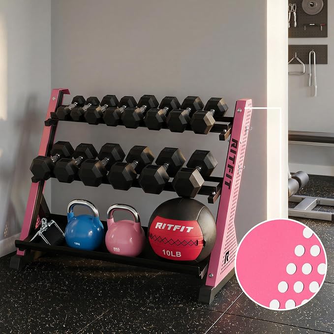 RitFit Rubber Hex Dumbbell Weight Set with 3-Tier Dumbbell Rack | Anti-Slip Knurled Chrome Handle,Cast Iron,Hexagon Anti-Roll Design,1000LB Capacity Heavy Duty Steel Rack for Home Gym