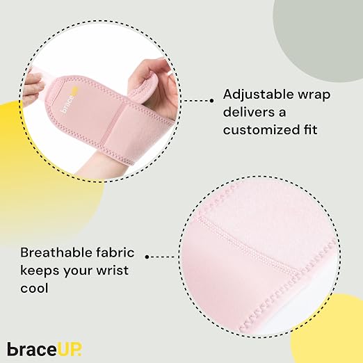 BraceUP Adjustable Wrist Wrap for Men and Women - Workouts Wrist Band, Carpal Tunnel Compression Wrist Brace, Tendonitis Wrist Splint, Left Right Hand One Size Adjustable (1, Pink)