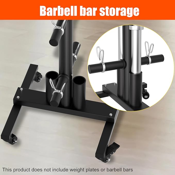 TRUSOON Movable Weight Plate Rack, Heavy Duty Olympic Plate Rack for 1 or 2-Inch Plates with 2 Barbell Holders, Bumper Plate Storage with Locking Wheels for Garage, Home Gym