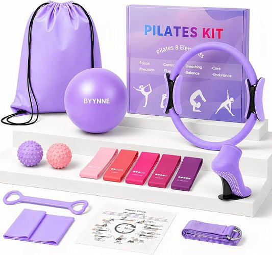 Home Pilates Kit for Women - 14 Pcs Pilates Equipment Set with Pilates Ring and Ball, 5 Resistance Bands Etc Accessories for Beginners Home Workouts - Includes Workout Guide