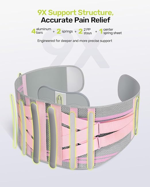Rakiie Back Brace for Lower Back Pain Women with 9X Support System, Ergonomic Lumbar Support for Pain Relief, Breathable Mesh Design with 3D Silicone Pad for Sciatica, Pink Size XXL (Waist: 43.3" – 52.4")