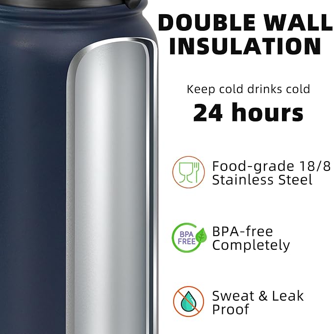 Fanhaw 24 oz Insulated Stainless Steel Water Bottle with Anti-Dust Chug Lid, Leakproof Vacuum Metal Everyday Use Bottle for Kids, Teens & Adults, Back to School Essentials (Navy Blue)