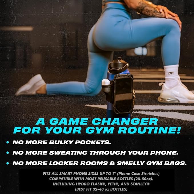 Magnetic Gym Water Bottle Bag & Phone Holder – Hands-Free Sleeve Pouch for Stanley, Hydro Flask & YETI – Detachable Smartphone Case for Workout