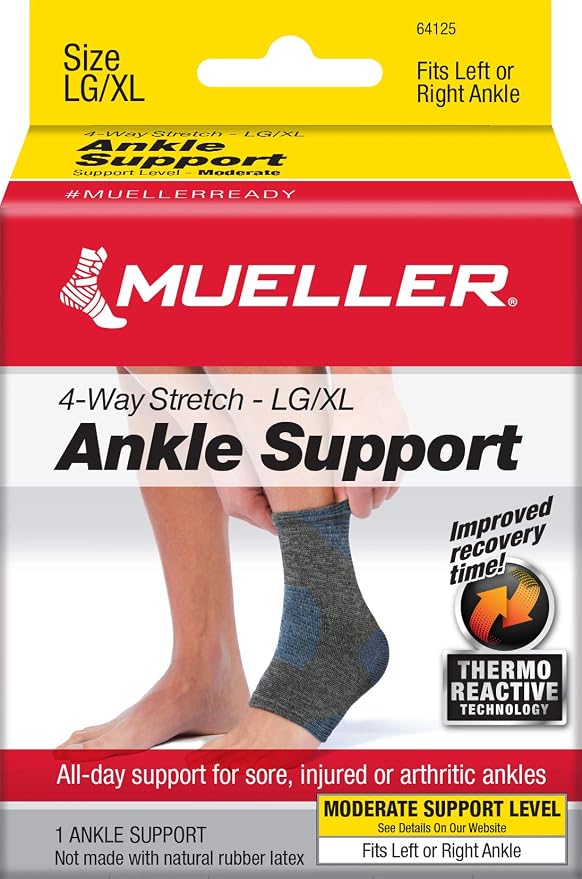 Mueller Sports Medicine FIR 4-Way Ankle Support Sleeve, Ankle Pain Relief Support for Men and Women, Ideal for Sprains, Strains, Arthritis, Black/Blue