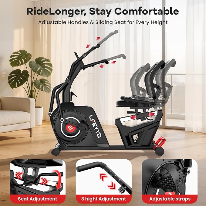 Recumbent Exercise Bike for Home, Stationary Bike with Arm Exerciser | 16-Level Magnetic Resistance, 450LBS Capacity, Bluetooth App, LCD Monitor,Heart Rate, Low-Impact Cardio & Physical Therapy