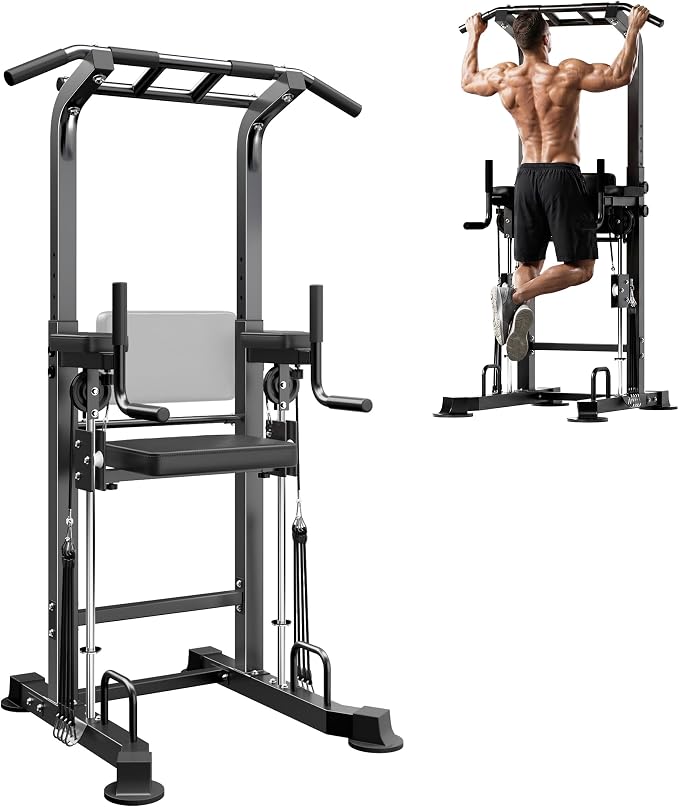 SogesPower Power Tower Multi-Function Pull Up Bar Station for Home Gym | 10-Level Height& 5-Level Armrest Adjustable,2-IN-1 Assisted Pad,Pull Up Dip Station Strength Training Workout Equipment