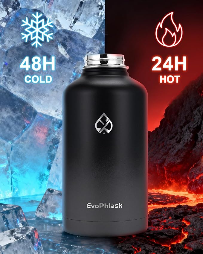 Insulated Water Bottle 64 oz with Carrier Bag, Black/Gray | Stainless Steel, Vacuum Insulated Keep Cold 48 Hrs, Half Gallon Large Water Jug, For Travel, Sport, Gym, Hiking