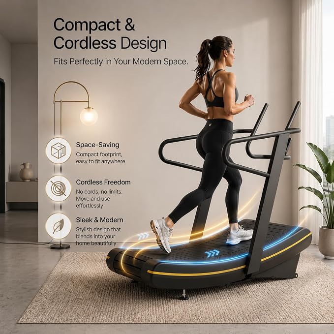 Curved Manual Treadmill, Non Electric Treadmill with 8 Resistance Levels | Self-powered curved treadmill with 8 resistance levels, LED display, rubber belt, phone holder, and transport wheels.