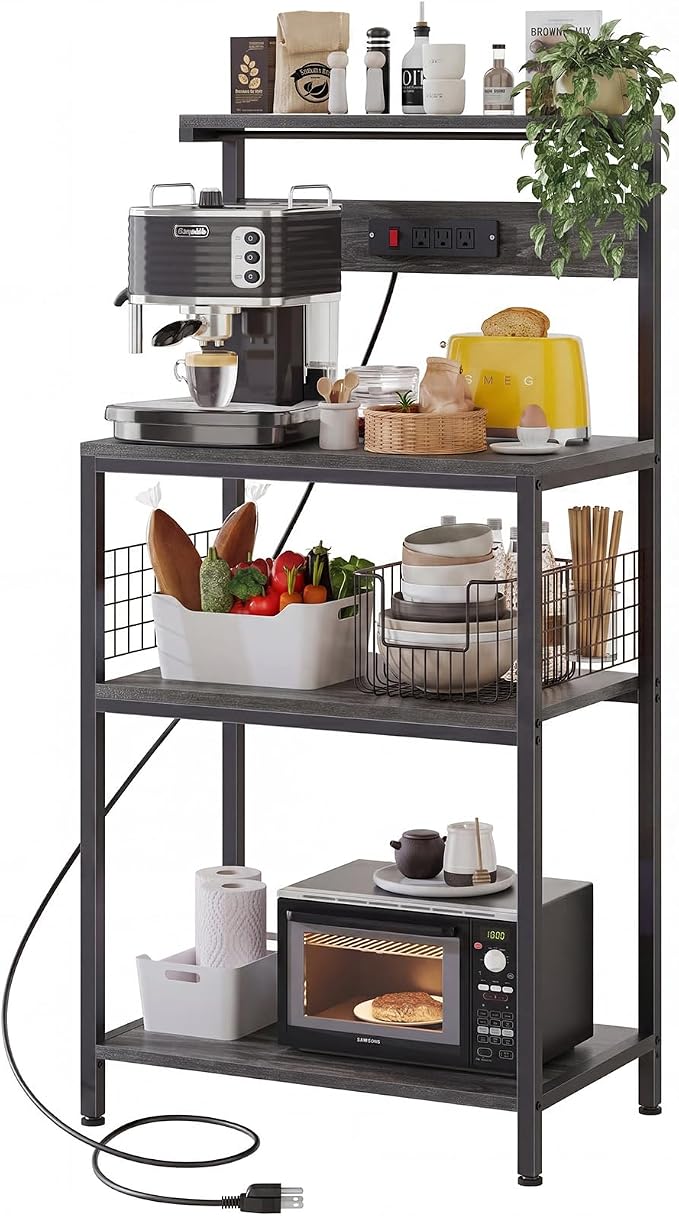 DUMOS 23.6" Bakers Rack with Power Outlet for Kitchen Organization | Microwave Stand with 3 AC Outlets, On/Off Switch and 6.5ft Power Cord, 3 Open Tiers and Adjustable Middle Shelf, Classic Grey
