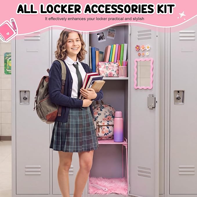 RattanView 10 Pcs Locker accessories Kit Magnetic Acrylic Mirror Plush Rug Small Comb 6 Flower Magnet Locker Organizer for Back to School Teen Student Girl Office Work Lockers Decoration Gift(Pink)