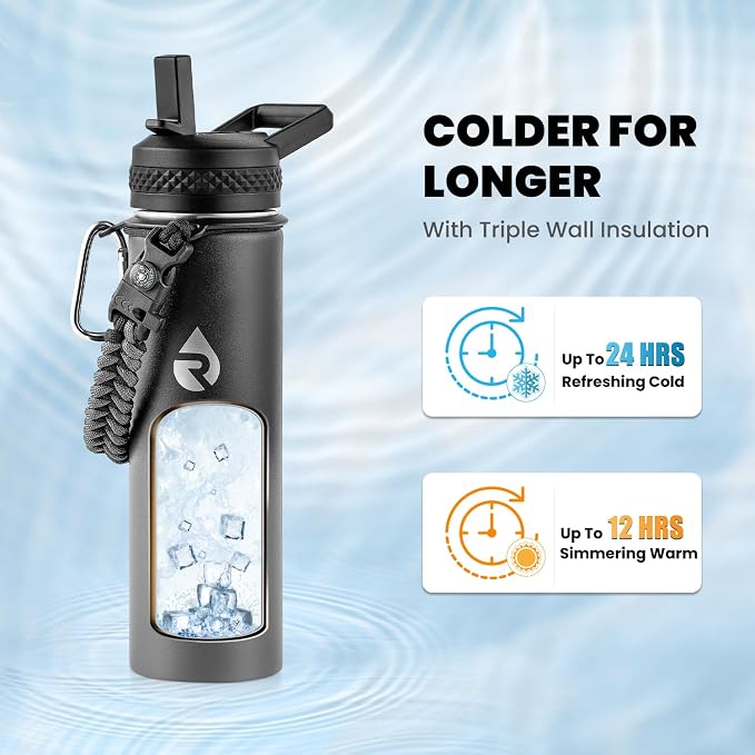 RAYMYLO Insulated Water Bottle 20 oz, Triple Wall Vacuum Stainless Steel | (Cold for 24Hrs, Hot for 12Hrs), Leak Proof & Non-BPA, Modern Water Bottle Jug for School with Straw Spout Lids