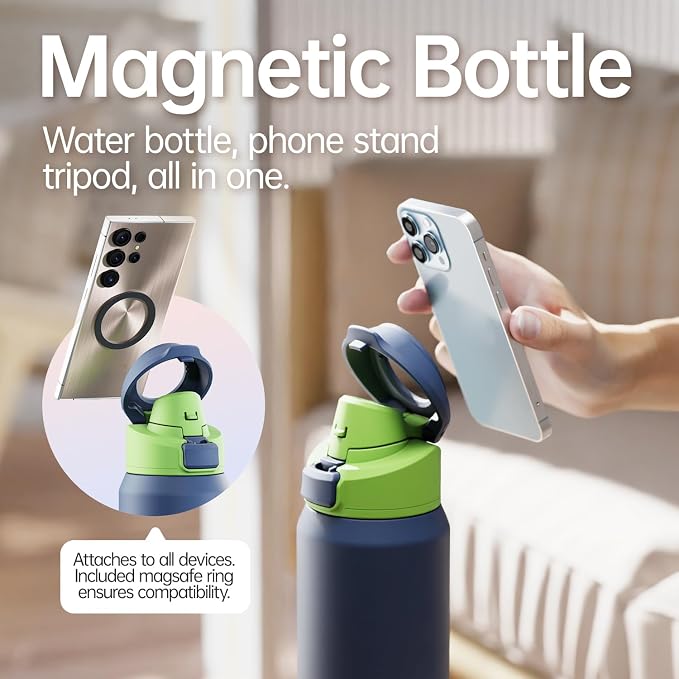 Insulated Magnetic Water Bottle - Reusable Stainless Steel Bottle with MagSafe Compatible Phone Holder -Keeps Cold for 24 Hours - Perfect for Gym, Sports, and Travel- Navy Blue 32oz