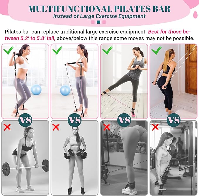 Pilates Bar Kit with Resistance Bands, Multifunctional Yoga Pilates Kit | Heavy-Duty Metal Adjustment Buckle, Portable Home Gym Pilates Resistance Bar Kit for Women Full Body Workouts