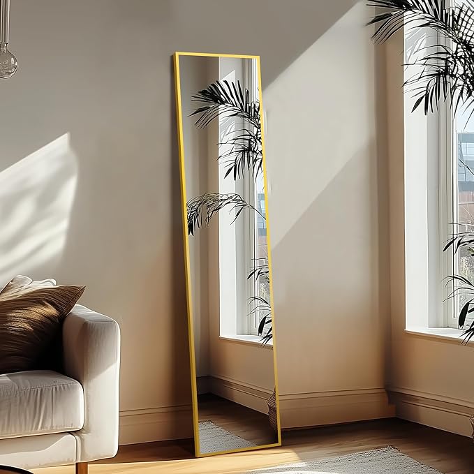 Delma Full Length Mirror,Large Floor Mirror with Aluminum Frame for Bedroom, Bathroom, Living Room,Wall Mount or Freestanding Design(with Stand,Rect 56x15-Gold)