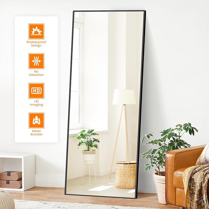 TRAHOME Full Length Standing Mirror, 70"x24" Black Full Body Mirror with Aluminum Alloy Frame, Free Standing or Wall Mount for Bedroom, Living Room, Dressing Room