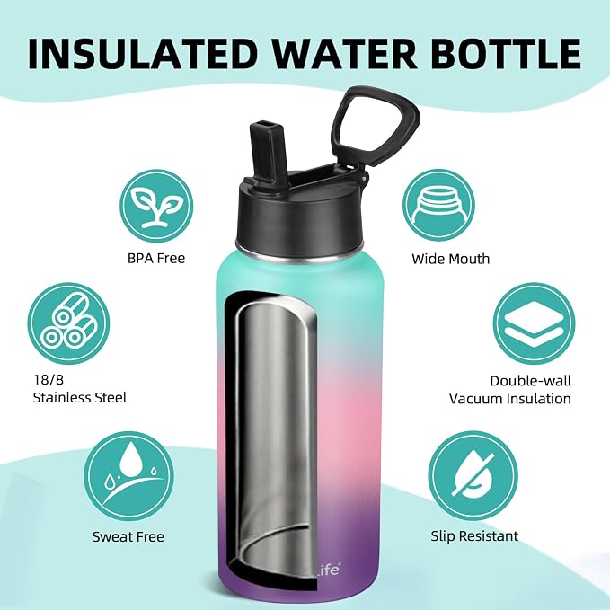 Insulated Water Bottle With Straw, 32 oz Vacuum Insulated Stainless Steel Sports Water Flask, Keeps Cold and Hot, Metal Water Bottle Wide Mouth for Gym Travel Camping (lucky Rainbow)