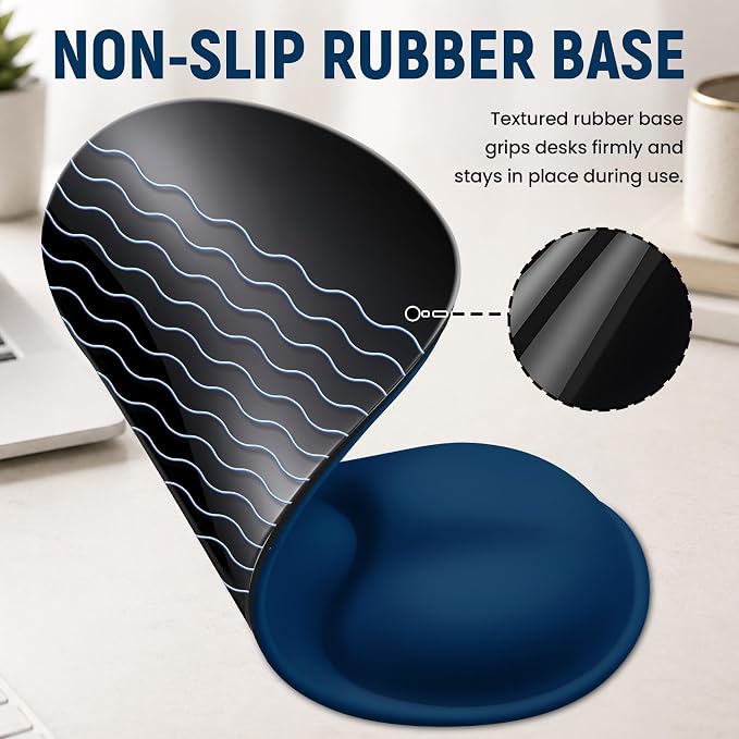 Ergonomic Mouse Pad with Wrist Rest, Gel Wrist Support, Navy Blue | 10.2 x 7.6 in Mouse Pad with Smooth Fabric Surface and Non-Slip Rubber Base for Office, Home, Study, and Gaming