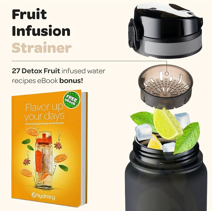 Hydracy Motivational Water Bottle with Time Marker & Fruit Infuser 32 oz | BPA-Free Tritan, Leakproof Flip-Top Lid,No-Sweat Sleeve,Carry Strap,Daily Intake Tracking for Gym,Sports,Outdoors