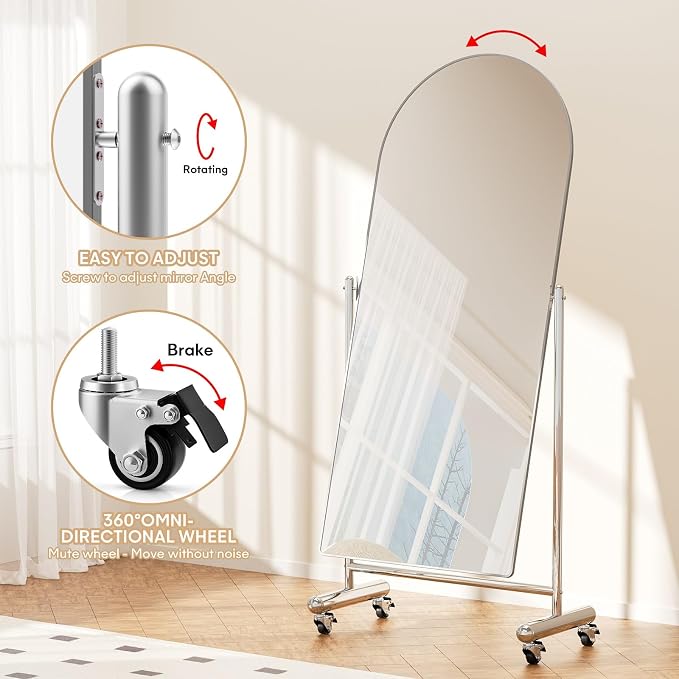 Large Arched Full Length Mirror on Wheels, Rolling Tilting Swivel Floor Mirror 65" x 23" with Tempered Glass and Metal Frame, Modern Dressing Mirror Body Mirror, Home Decor,Silver