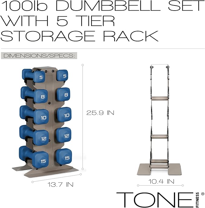 Tone Fitness Neoprene Dumbbell Set with Storage Rack – Non-Slip, Anti-Roll Hand Weights for Home Gym Workouts | 20 lb, 32 lb, 50 lb, 60 lb & 100 lb Options