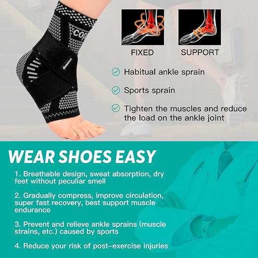 INDEEMAX Ankle Brace for Sprained Ankle Compression Sleeve, Copper Infused Ankle Support Brace for Women & Men, Plantar Fasciitis Relief Achilles Tendonitis, Sports Running, Silver Black, S