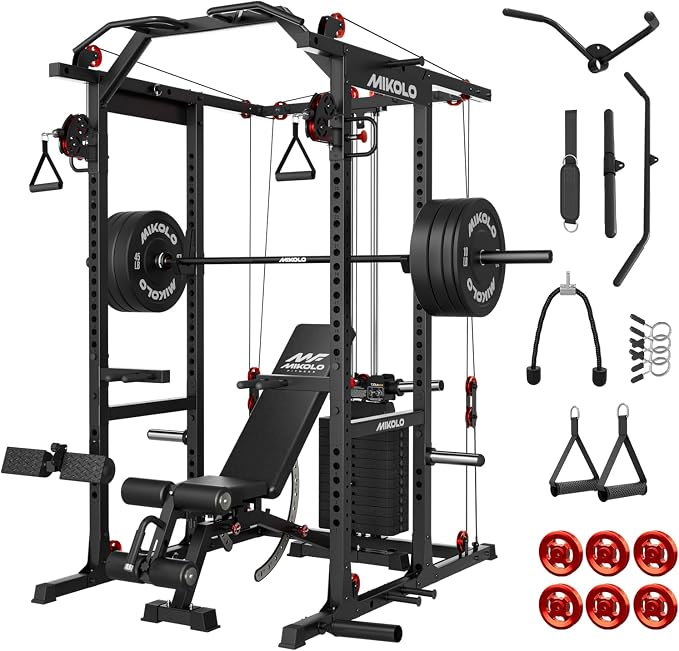 Mikolo K6 2.0 Power Cage, Power Rack with Cable Crossover System, 2000LBS Squat Rack with LAT Pull Down System, Functional Trainer with Aluminum Pulley System for Home Gym