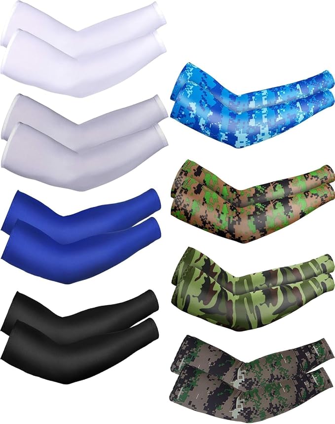 Mudder 8 Pairs UV Sun Protection Cooling Arm Sleeves for Men Women Youth Silk Compression Arm Cover Breathable Outdoors Sport