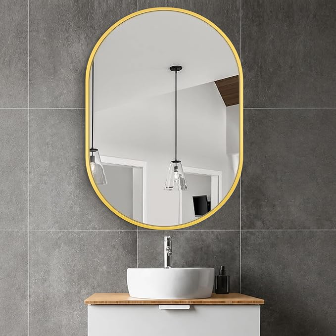 Oval Bathroom Vanity Mirror for Wall, 40''x28'' Gold Oval Bathroom Mirror for Over Sink, Bedroom, Living Room, Entryway, HD Tempered Glass, Wall Mounted Horizontally or Vertically