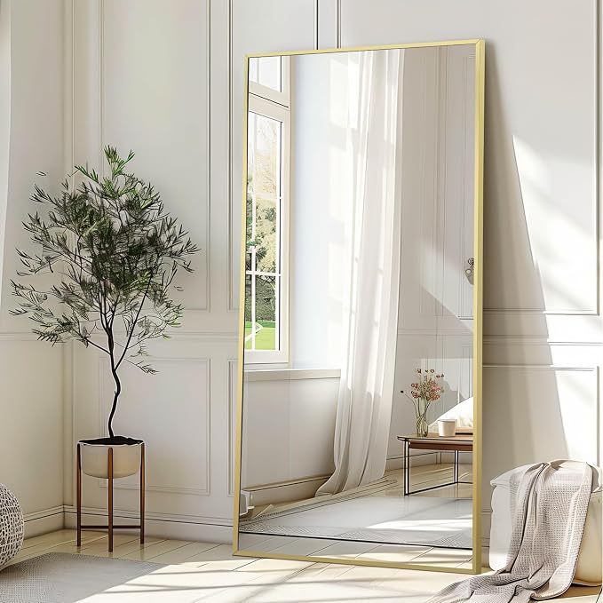 Full Length Mirror with Stand, 71"x32" Large Standing Mirror, Gold | Full Body, for Bedroom Living Room Gym, Shatterproof Tempered Glass, Leaning Wall, Hanging, Rectangular