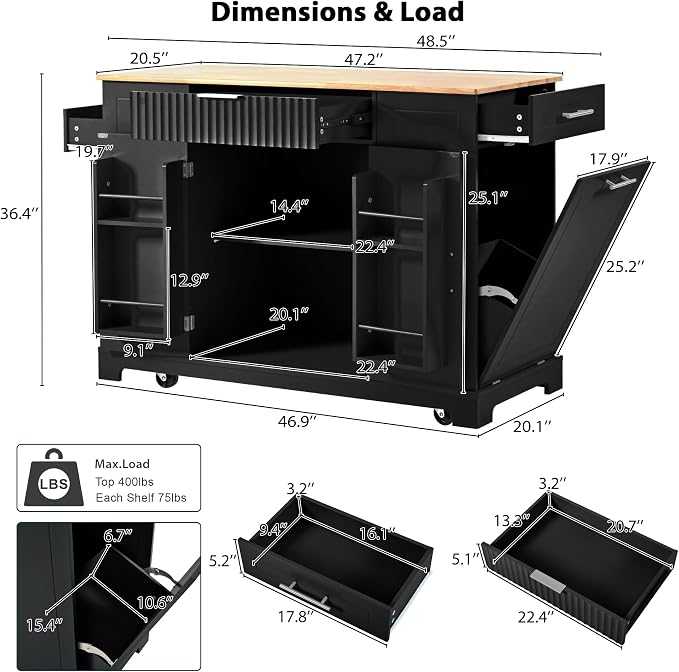 Merax Fluted Kitchen Island with Trash Can Storage Cabinet, Power Outlet, Internal Storage Rack, Rolling Kitchen Storage Cart on 5 Wheels with 3 Drawer, 3 Open Side Racks, Black