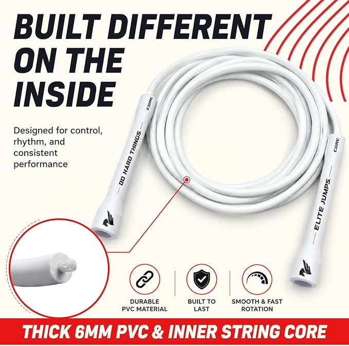 Elite Jumps 6mm PVC Jump Rope, Adjustable Skipping Rope | Non-kinking PVC cord. Unbreakable handles. Smooth rotation. For cardio and boxing.
