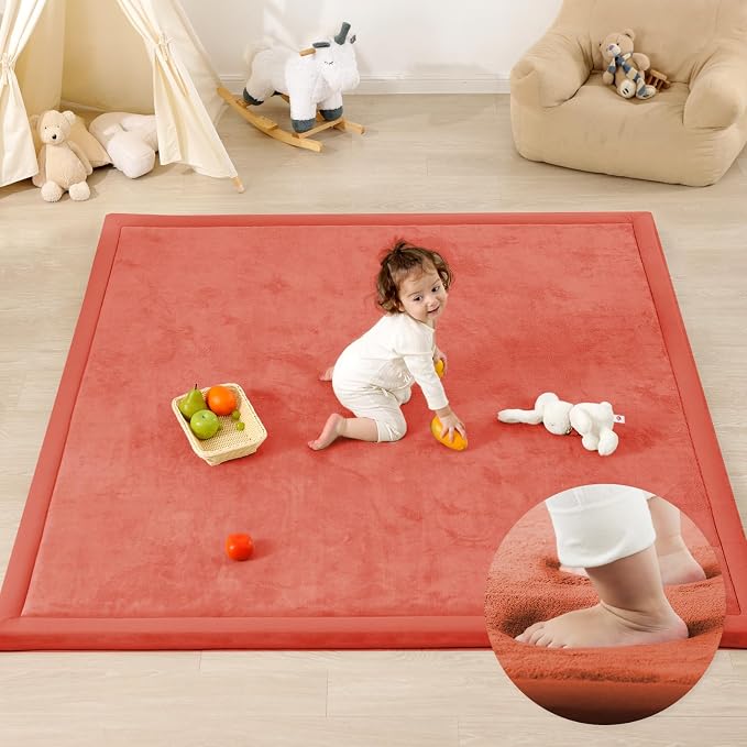 1.3" Thick Baby Play Mat for Floor Playpen, 50x50 Foam Tummy Time Mat, Padded Support Soft Plush Nursery Rug for Infant Kids Toddler Crawling Kick Activity (Brick)