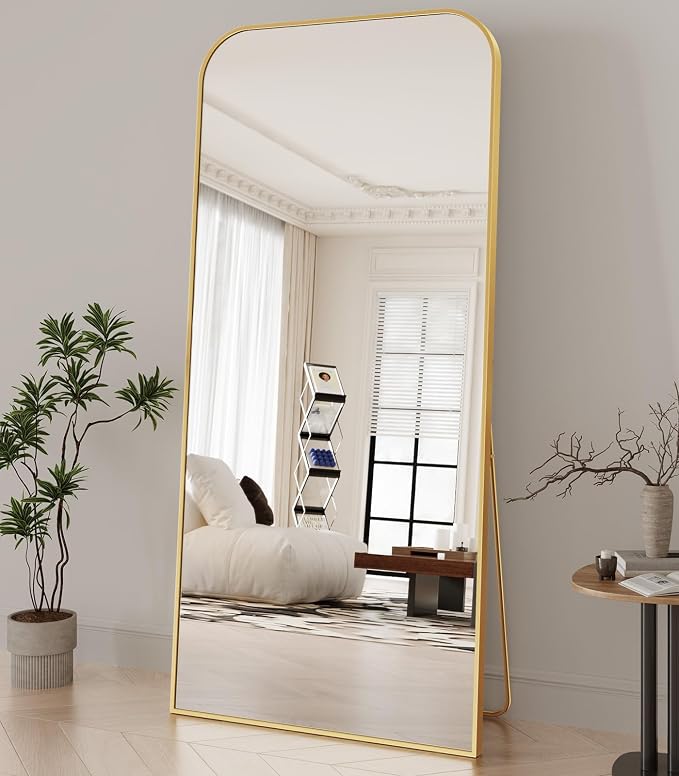 Koonmi Full Length Mirror, 71"x28" Mirror Full Length with Stand | Domed Top Square-Edged ShatterProof Floor Mirror with Gold Aluminum Alloy Frame for Bedroom Living Room Home Gym