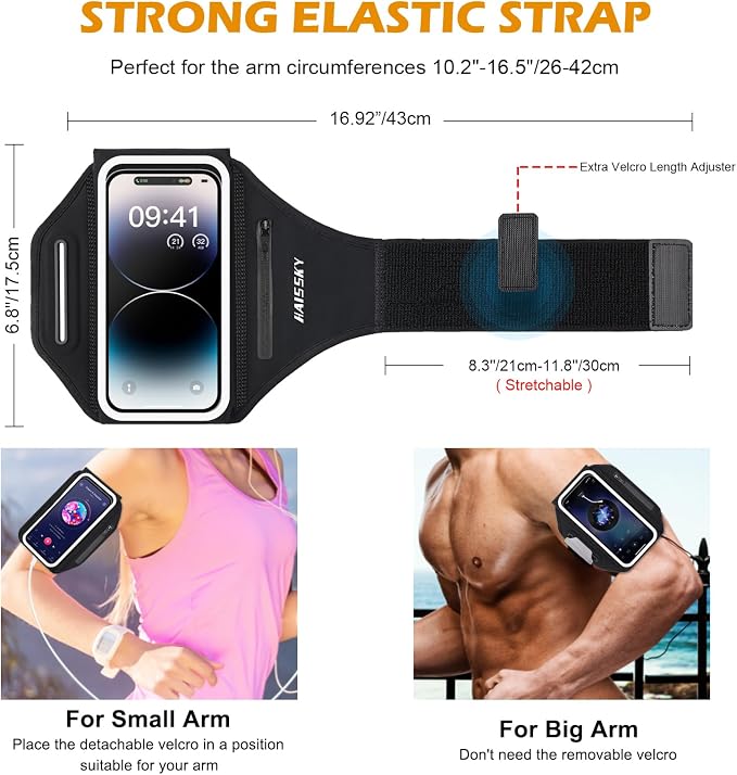 Running Armband with Earphone Bag, 6.9" Phone Holder for iPhone Samsung | Zipper Pocket for Keys & Earphones, TPU Touchscreen & Water-Resistant, 3D Design Phone Armband, Stretchy Fits Arm 13"-16.5"