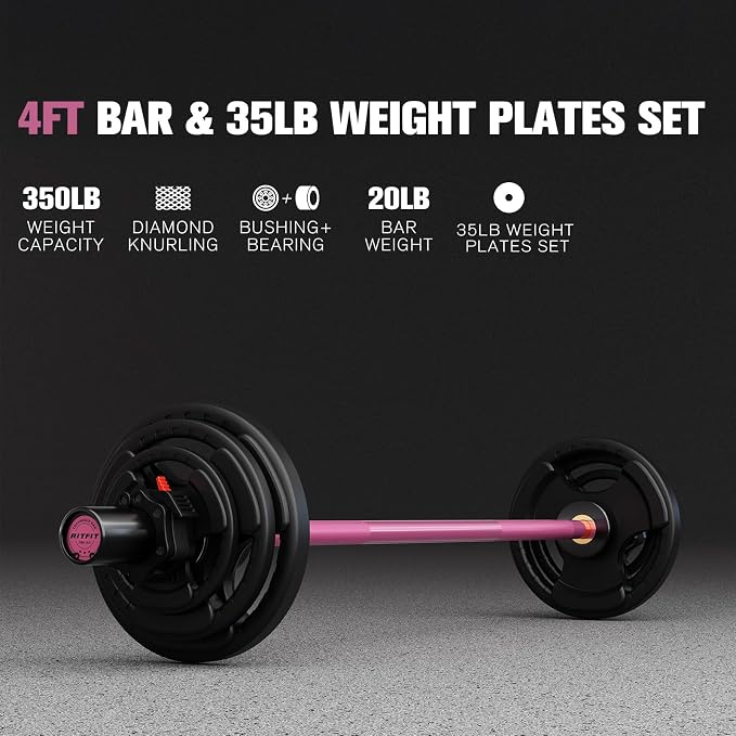 RitFit Barbell Weight Set - 4/6FT Olympic Barbell with Weight Plates (55-115LB Total) - Weightlifting Equipment for Squats, Curls, Deadlifts, Presses, Hip Thrusts
